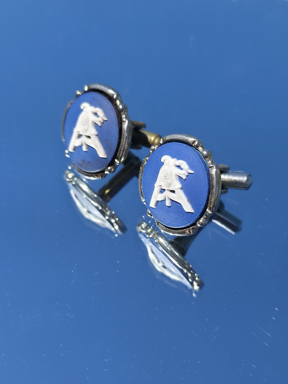Vintage Wedgwood England Blue Jasperware Sterling Silver Sagittarius Cufflinks